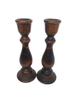 Handcrafted Wooden Rustic Candlesticks 7-Inch Tall Green Felt Base Set of 2